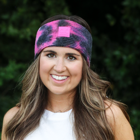 HW-7380 Tie Dye Headwrap with C.C Rubber Patch - Black/Hot Pink