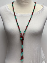 NK-2244 RED TURQUOISE 60" hand knotted glass bead necklace