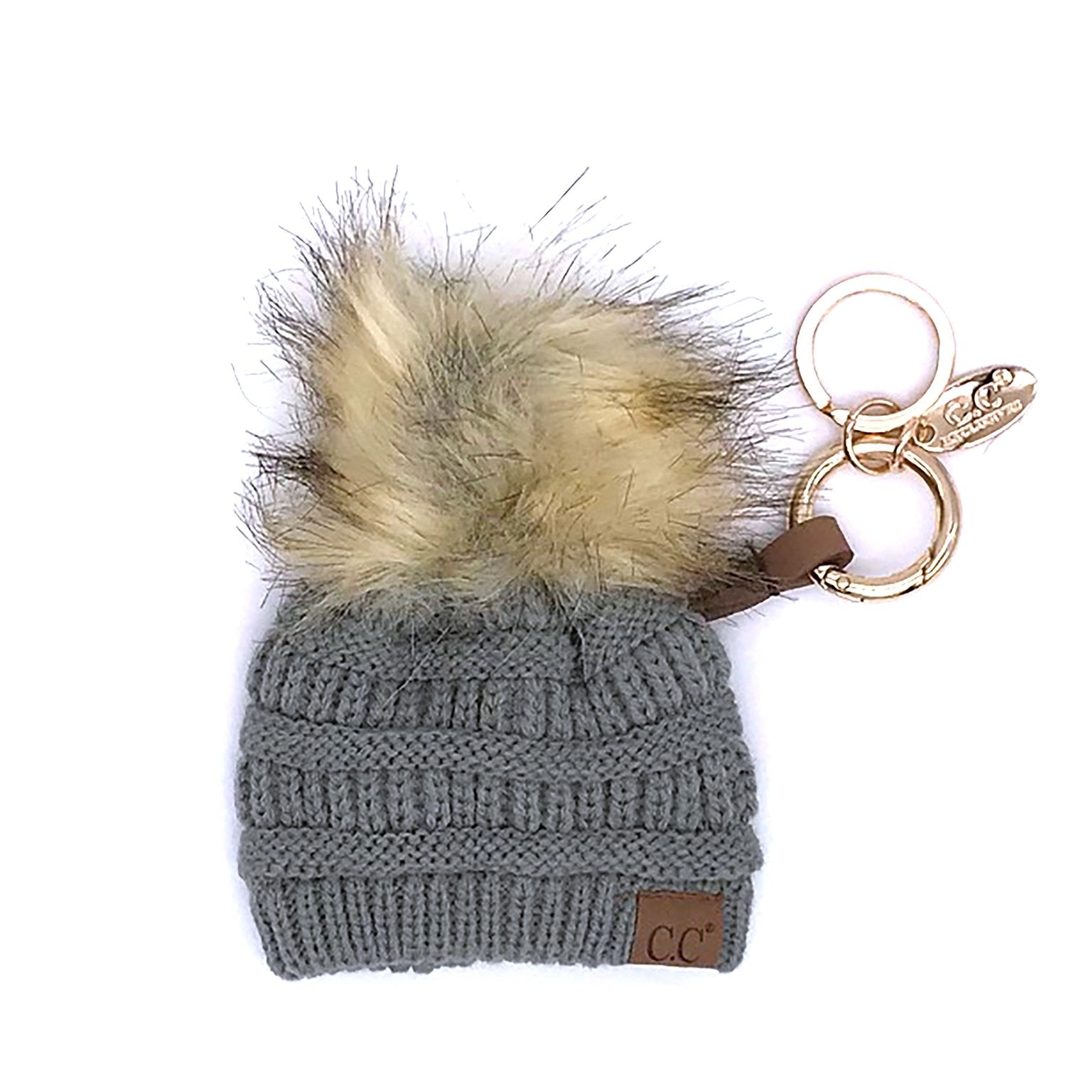 KB-43 Keychain W/FAUX FUR POM-Natural Grey