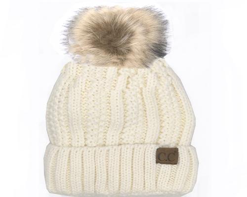 KIDS-820-IVORY SHERPA LINED BEANIE W/FAUX FUR POM - IVORY