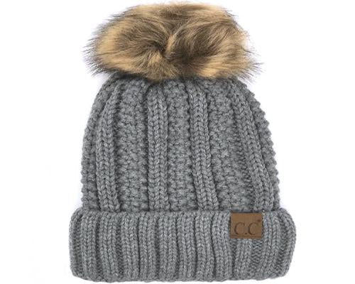 KIDS-820-LTMEL SHERPA LINED BEANIE W/FAUX FUR POM - LT MEL GREY