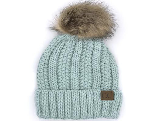 KIDS-820-MINT SHERPA LINED BEANIE W/FAUX FUR POM - MINT