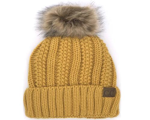 KIDS-820-MUSTARD SHERPA LINED BEANIE W/FAUX FUR POM - MUSTARD