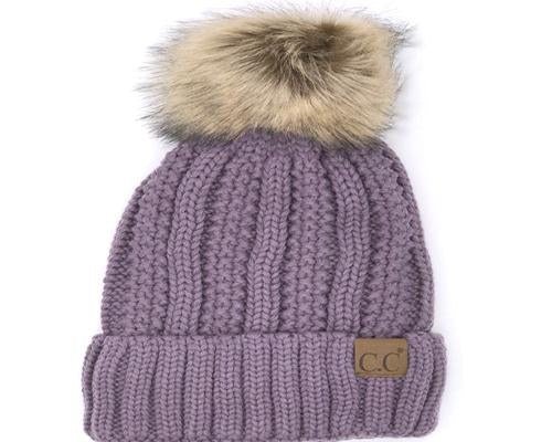 KIDS-820-VIOLET SHERPA LINED BEANIE W/FAUX FUR POM - VIOLET