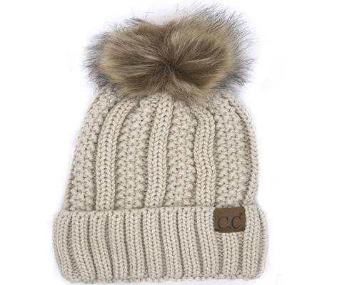 KIDS-820-BEIGE SHERPA LINED BEANIE W/FAUX FUR POM - BEIGE