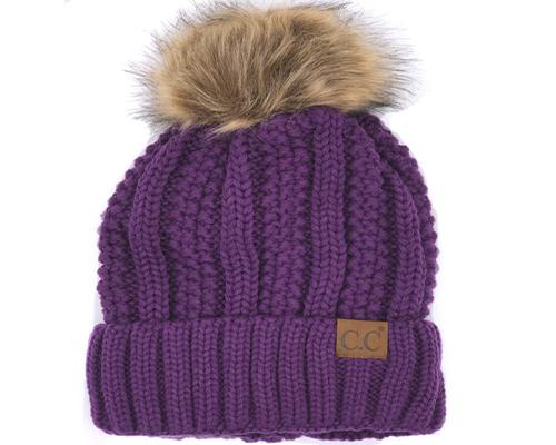 KIDS-820-PURPLE SHERPA LINED BEANIE W/FAUX FUR POM - PURPLE