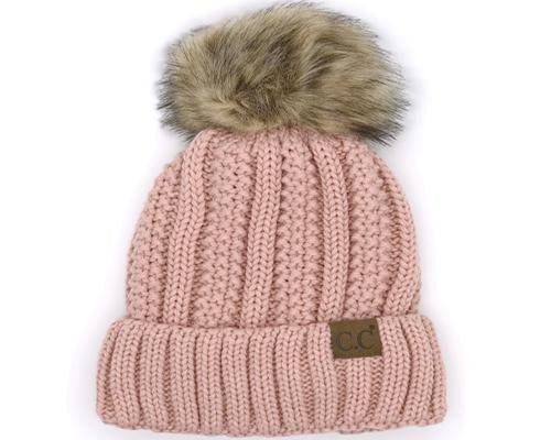 KIDS-820-INDIPINK SHERPA LINED BEANIE W/FAUX FUR POM - INDI PINK