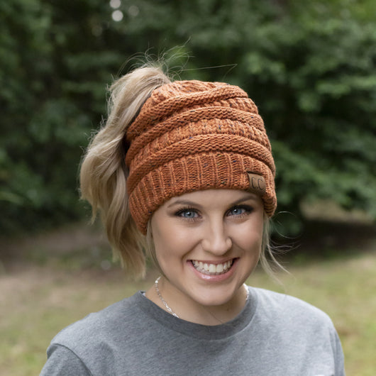 MB-33 MESSY BUN SPECKLED BEANIE RUST