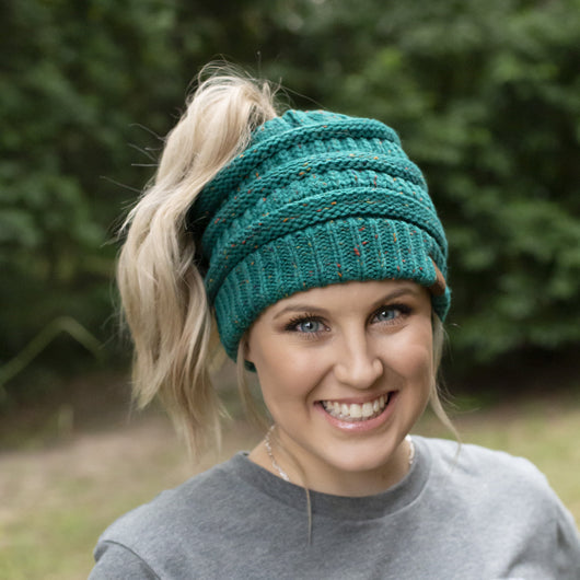 MB-33 MESSY BUN SPECKLED BEANIE SEAGREEN