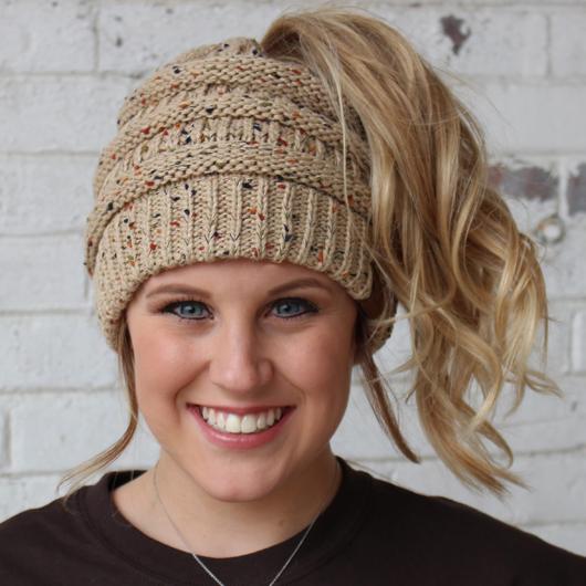 MB-33 MESSY BUN SPECKLED BEANIE LATTE