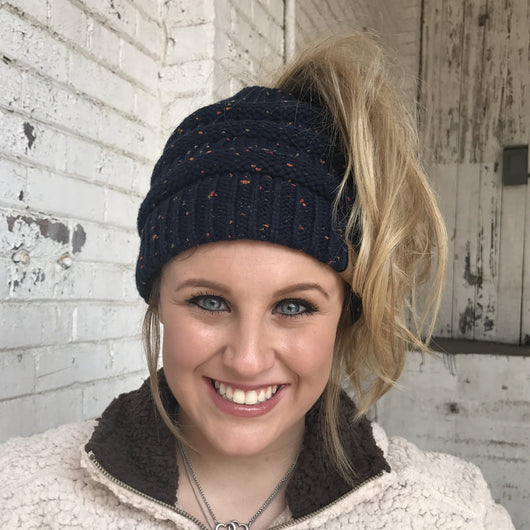 MB-33 MESSY BUN SPECKLED BEANIE NAVY