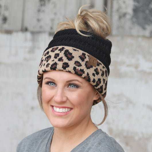 MB-45 LEOPARD MESSY BUN BEANIE BLACK