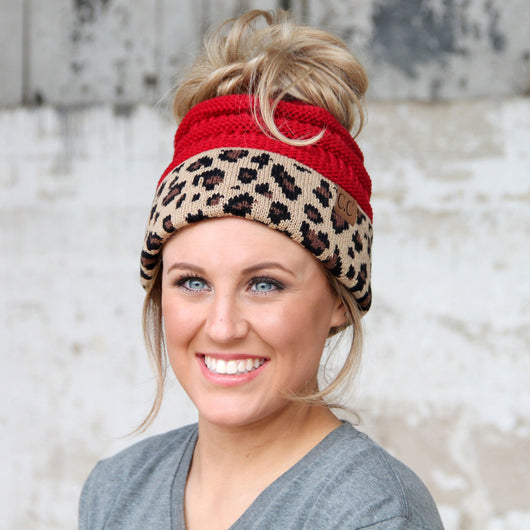 MB-45 MESSY BUN LEOPARD BEANIE RED