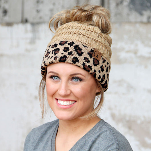 MB-45 MESSY BUN LEOPARD BEANIE CARMEL/CAMEL