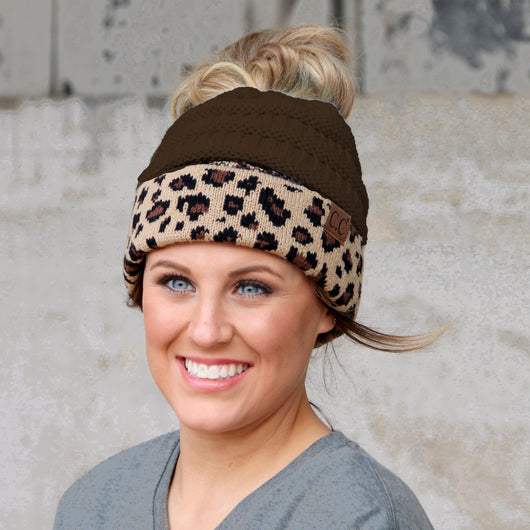 MB-45 LEOPARD MESSY BUN BEANIE BROWN