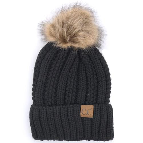 YJ-820 SHERPA LINED BEANIE W/FAUX FUR POM - BLACK