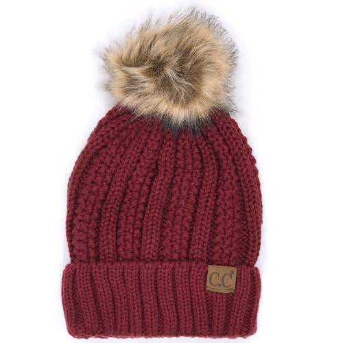 YJ-820 SHERPA LINED BEANIE W/FAUX FUR POM - BURGUNDY