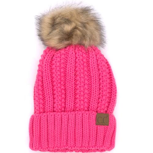 YJ-820 SHERPA LINED BEANIE W/FAUX FUR POM - NEW CANDY PINK