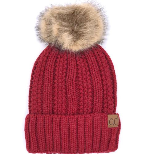 YJ-820 SHERPA LINED BEANIE W/FAUX FUR POM - RED