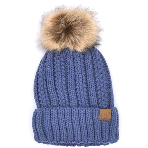 YJ-820 SHERPA LINED BEANIE W/FAUX FUR POM - DARK DENIM