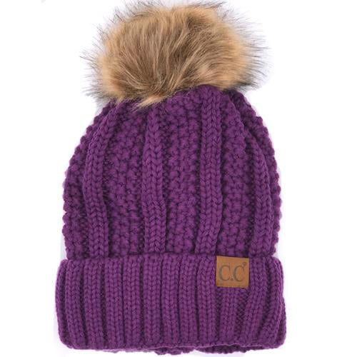 YJ-820 SHERPA LINED BEANIE W/FAUX FUR POM - PURPLE