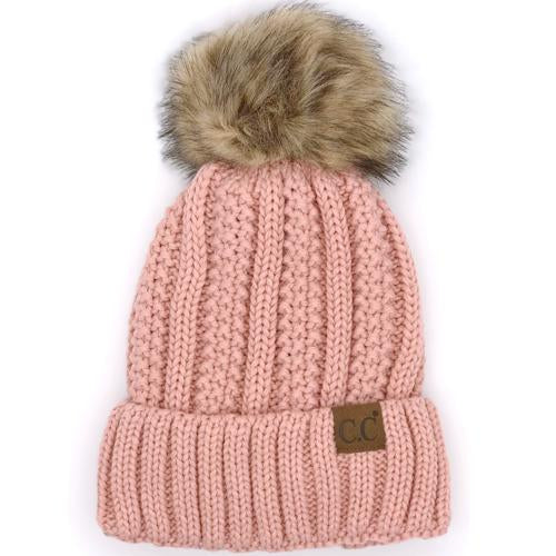 YJ-820 SHERPA LINED BEANIE W/FAUX FUR POM - INDI PINK