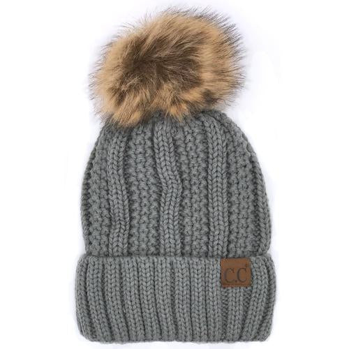 YJ-820 SHERPA LINED BEANIE W/FAUX FUR POM - NATURAL GREY