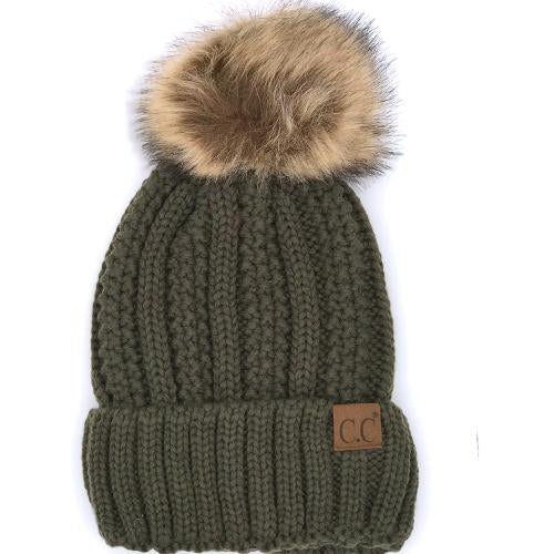 YJ-820 SHERPA LINED BEANIE W/FAUX FUR POM - NEW OLIVE