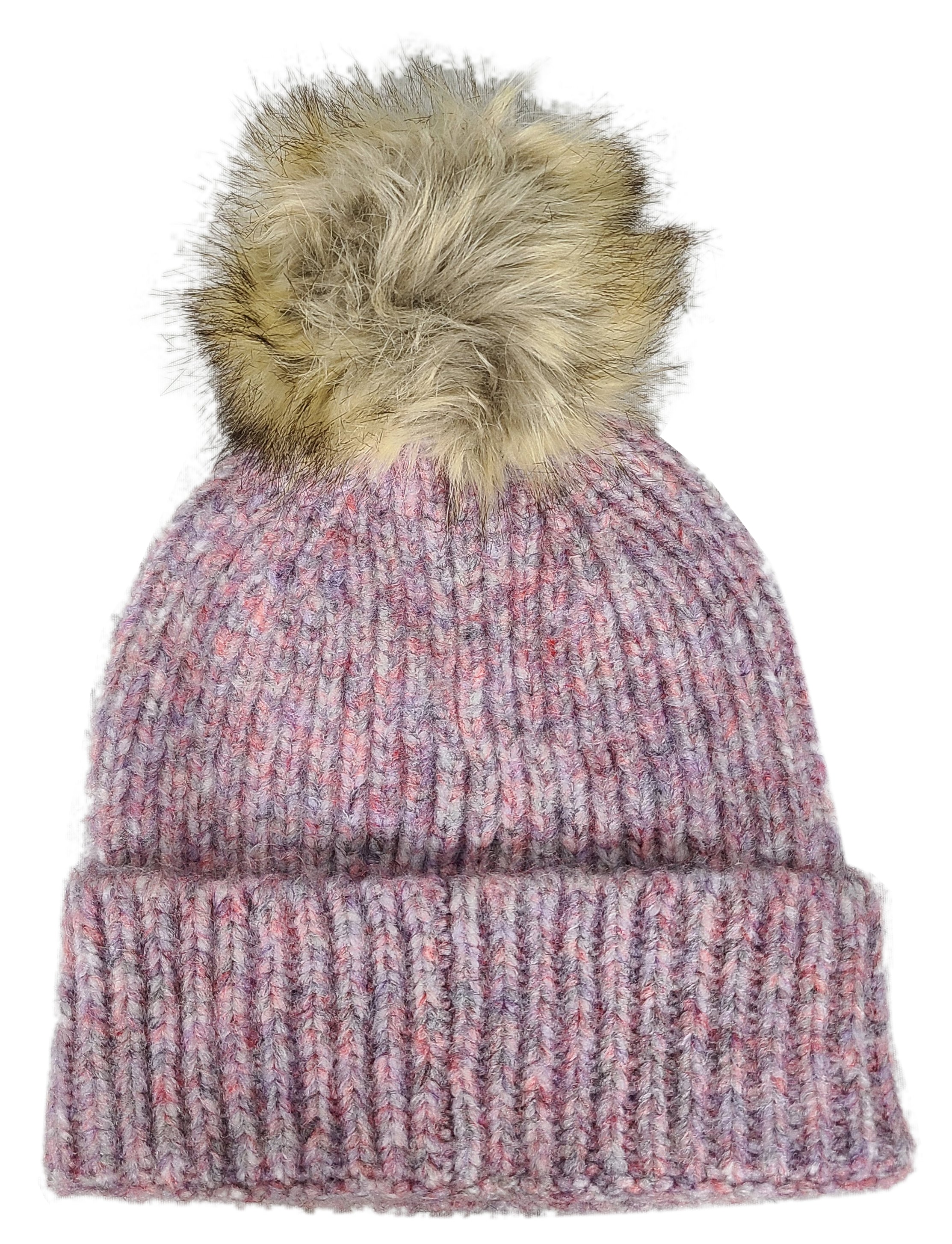 Aztec Pink & Denim Faux Fur Pom-Pom Beanie Hat
