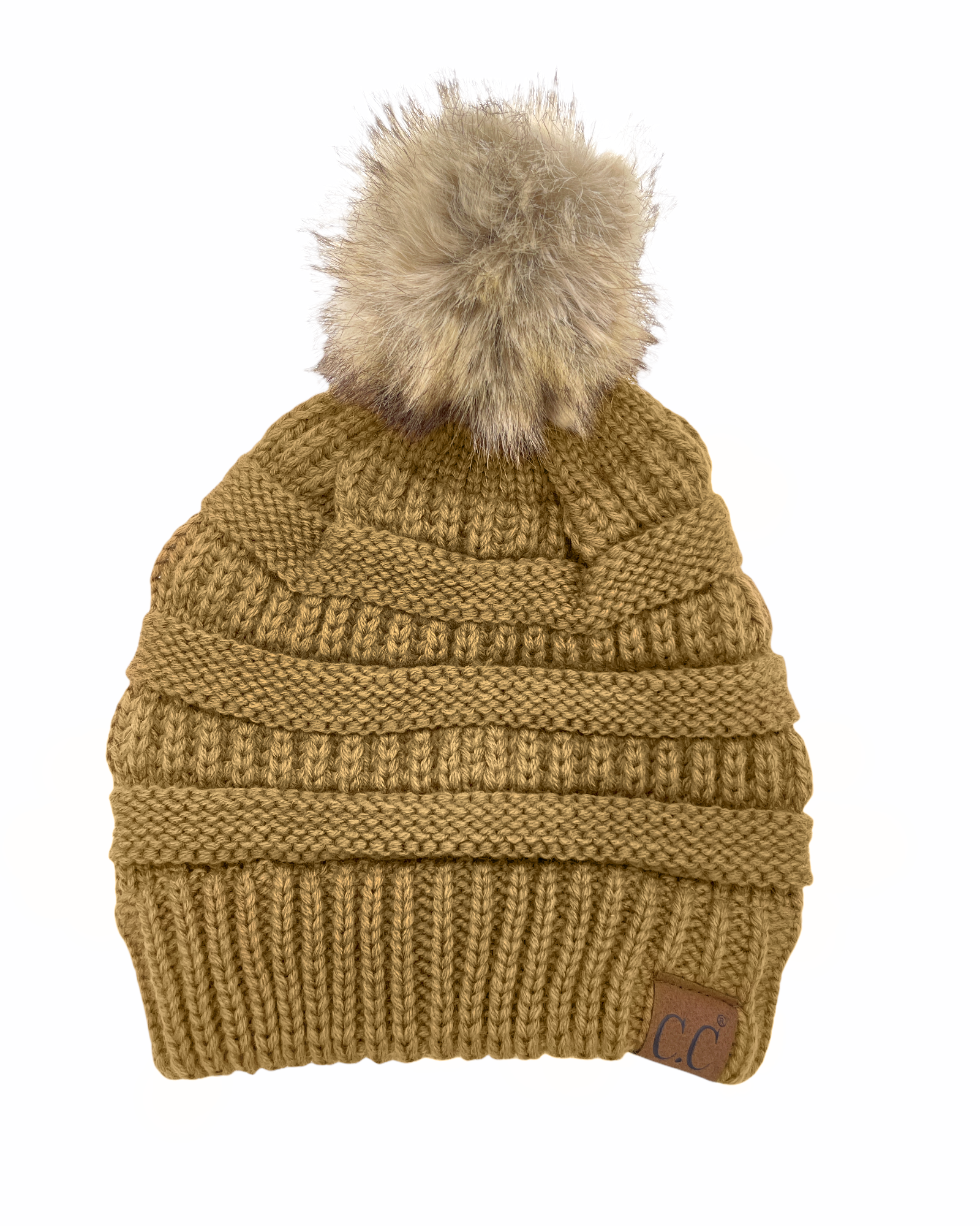 Hat-43 BEANIE W/FAUX FUR POM - GOLDEN WALNUT