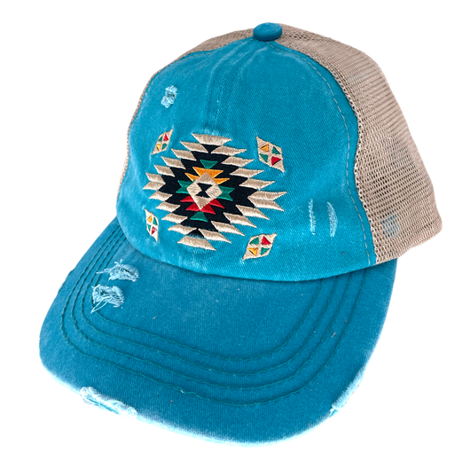 BT-1018 Aztec Criss Cross Pony Cap Turquoise