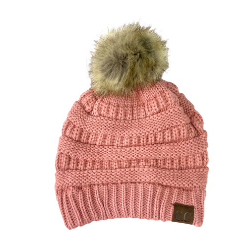 Hat-43 BEANIE W/FAUX FUR POM - SALMON PINK – girliegirloriginals