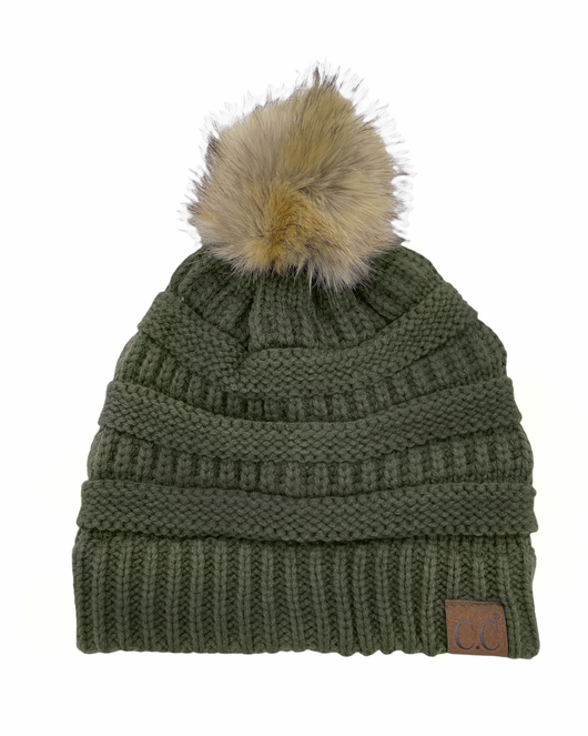 Hat-43 BEANIE W/FAUX FUR POM - MOSS