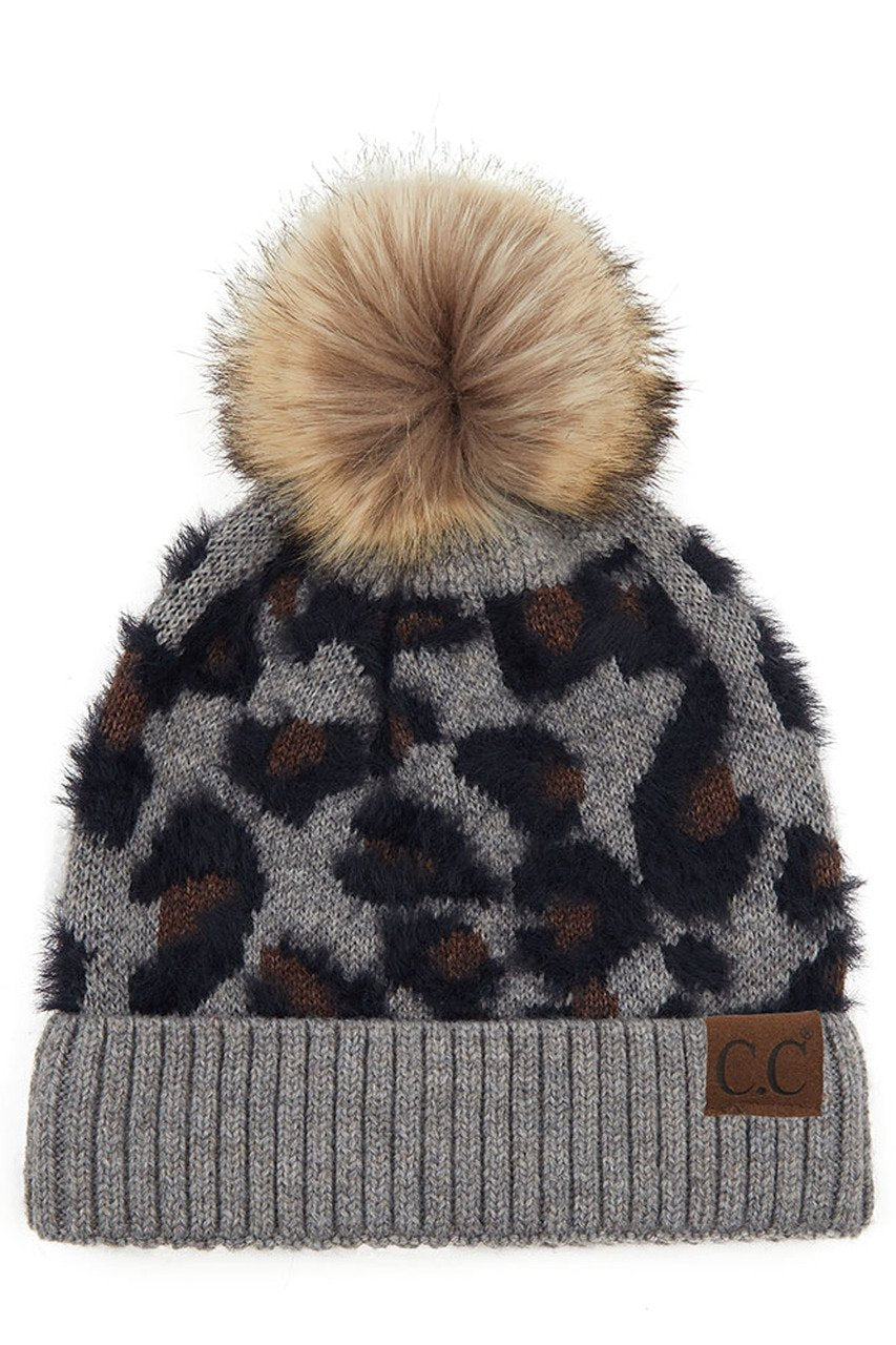 Hat-2061 Beanie with Faux Fur Pom Light Melange Grey