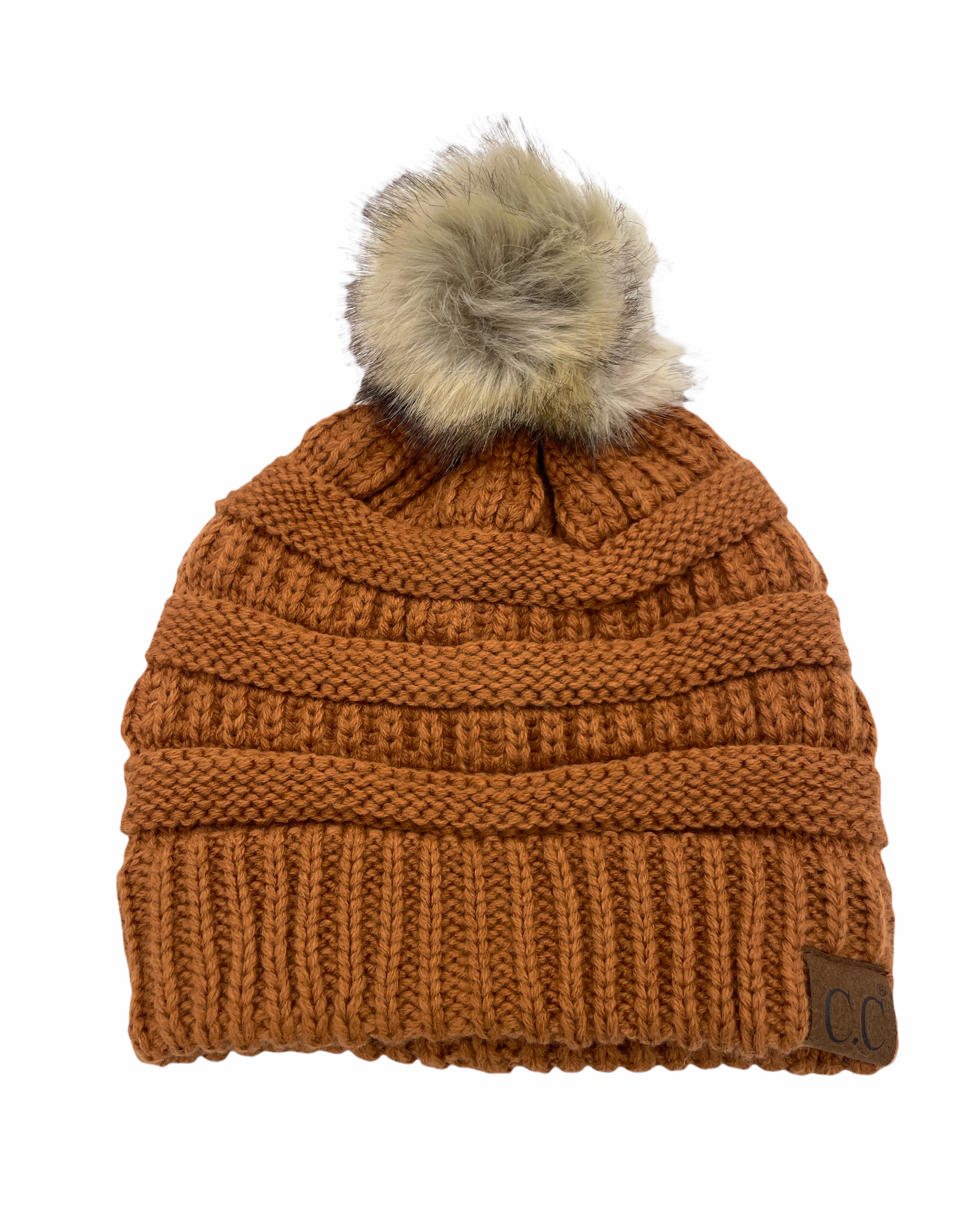 Hat-43 BEANIE W/FAUX FUR POM - CLAY